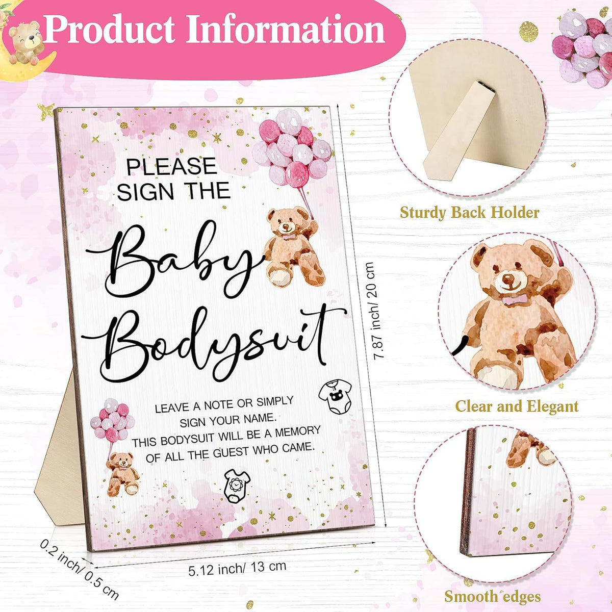 Qunclay 12 Pcs Baby Bodysuit Baby Shower Game Include 1 Game Wooden Sign Tabletop Decor 1 White