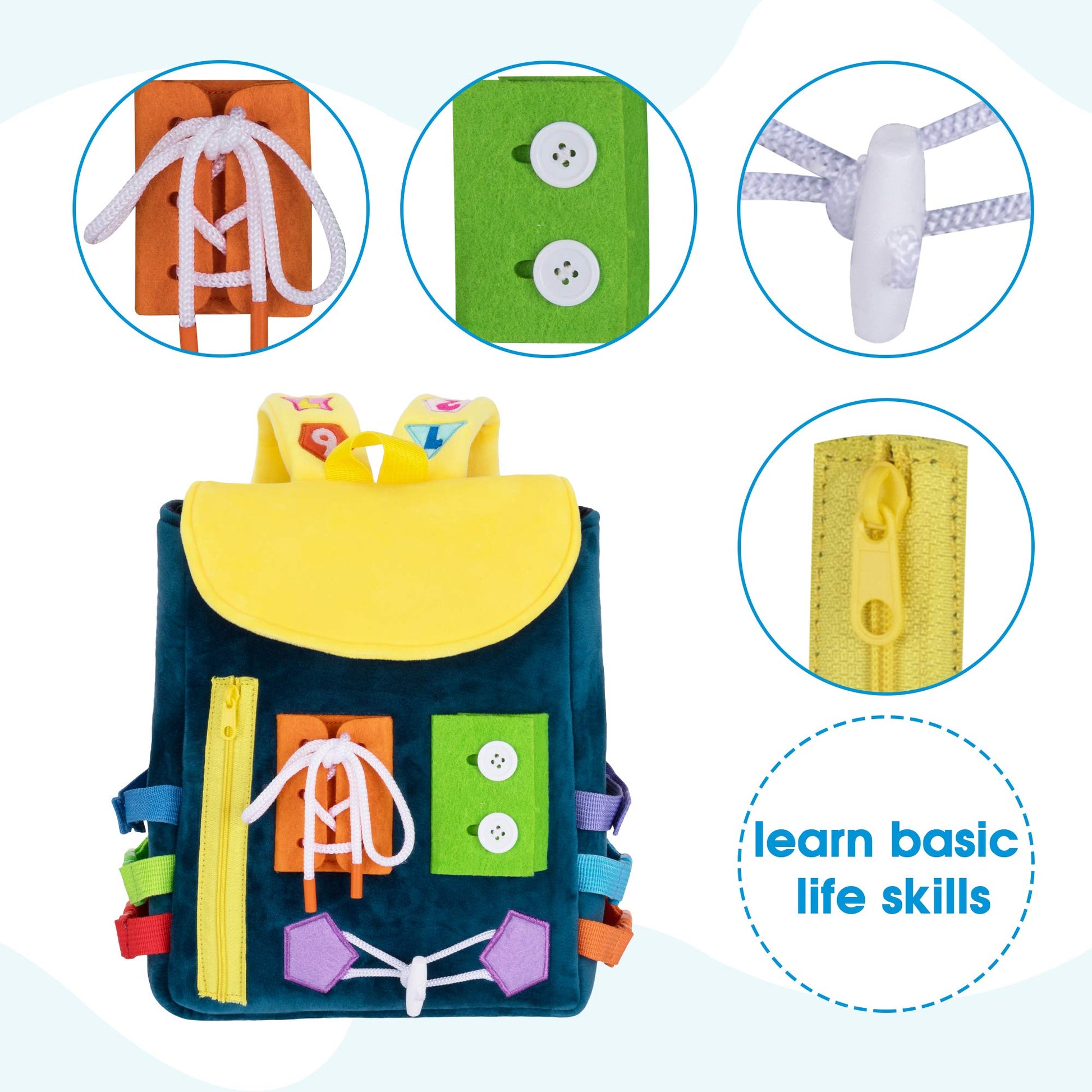 Busy Board - Toddler Backpack with Buckles and Learning Activity Toys - Develop Fine Motor Skills