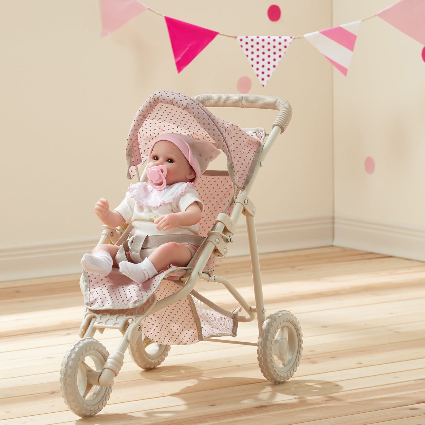 Olivia's Little World Doll Jogging-Style Stroller with Canopy, Storage Underneath, Pink and Cream