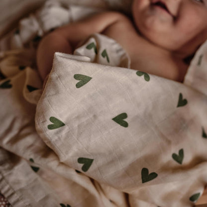Swaddle - 100% Organic Cotton - Muslin Swaddle Blankets for Newborn, 47" x 47" (Green Hearts)