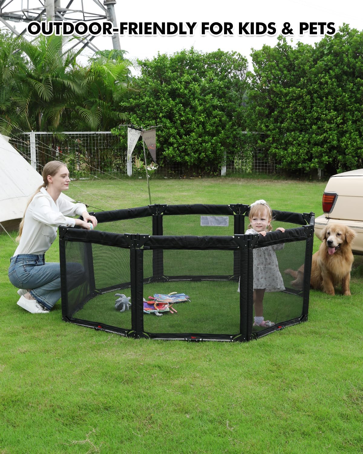 Extra Wide Baby Gate Playpen with Heat-Resistant Mesh,8 Panel Foldable Baby Fence,Indoor/Outdoor