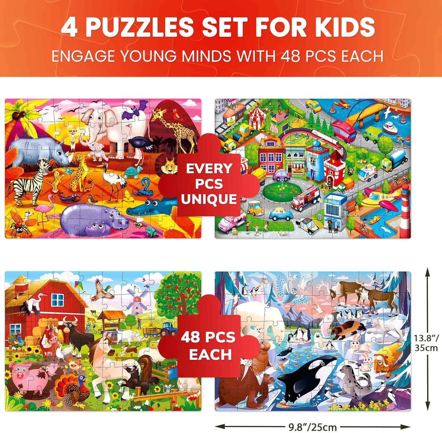 QUOKKA Puzzles for Kids Ages 4-6 – 4 x 48 Pieces Jigsaw Puzzles for Toddlers 2-4 – Children's Game