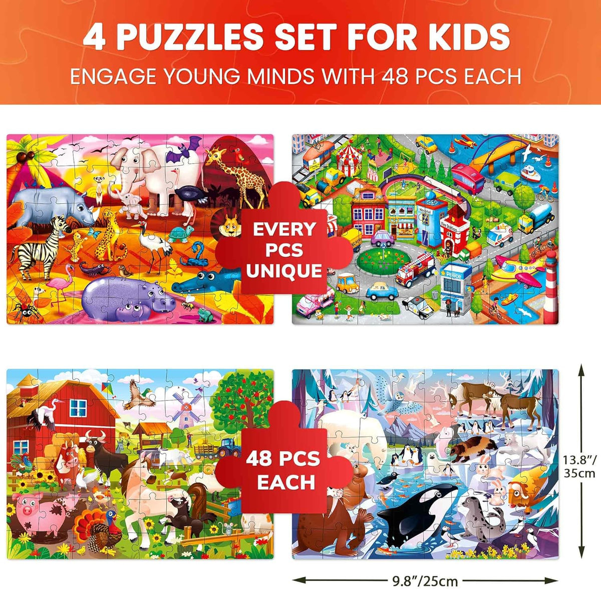 QUOKKA Puzzles for Kids Ages 4-6 – 4 x 48 Pieces Jigsaw Puzzles for Toddlers 2-4 – Children's Game
