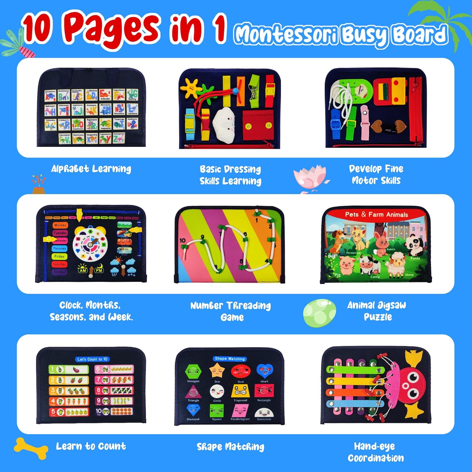 TenFans Busy Board - Montessori Toys for 1 2 3 4 Year Old - Sensory Toys for Toddlers 1-4 - Gifts