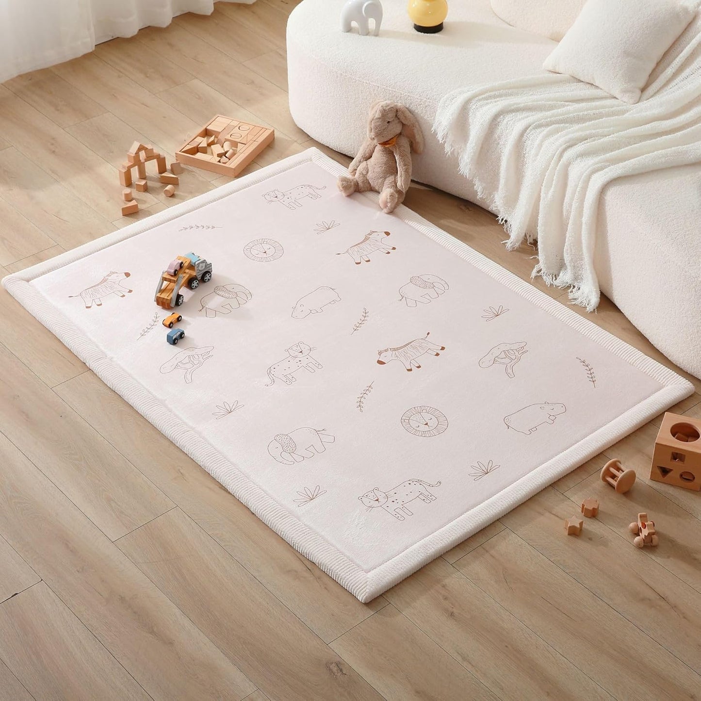 Stylish Coral Baby Play Mat for Floor 47" x 67" Safari Animals – Soft 1" Thick High-Density Memory