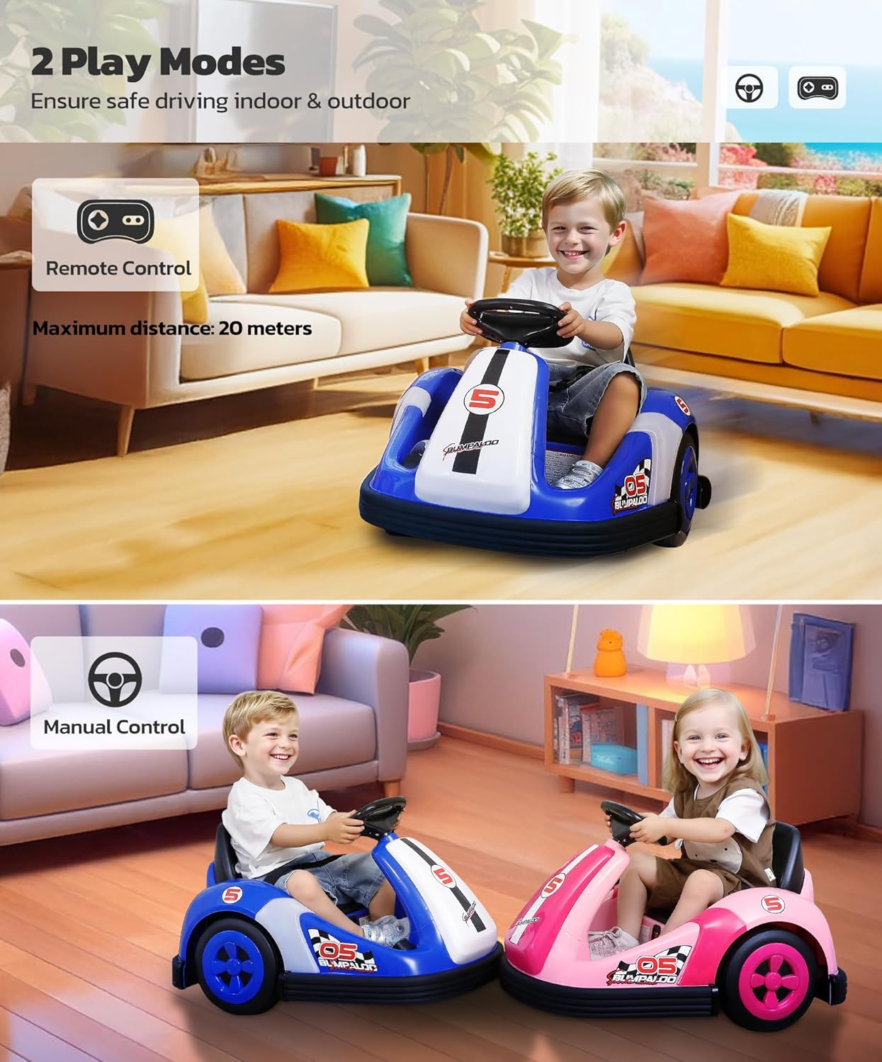 ELEMARA 12V Kids Bumper Car with Big Wheel, 2.2 Mph Max, Toddler Bumper Cars with Remote, Baby