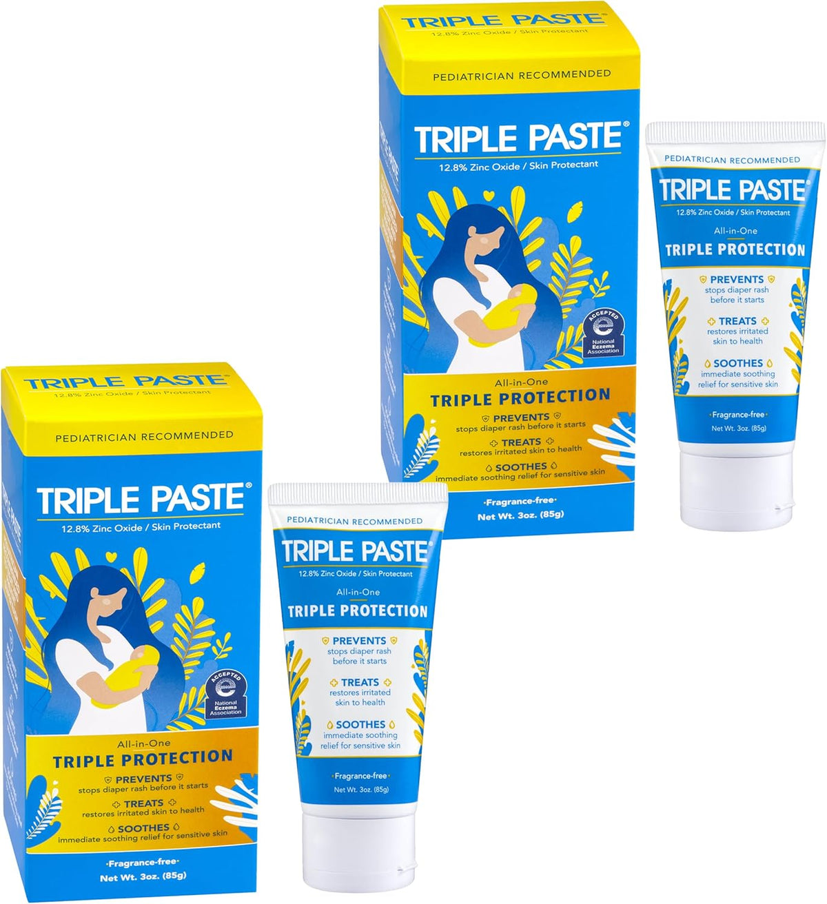 Triple Paste Diaper Rash Cream for Baby - 3 oz Tube - Zinc Oxide Ointment Treats, Soothes and
