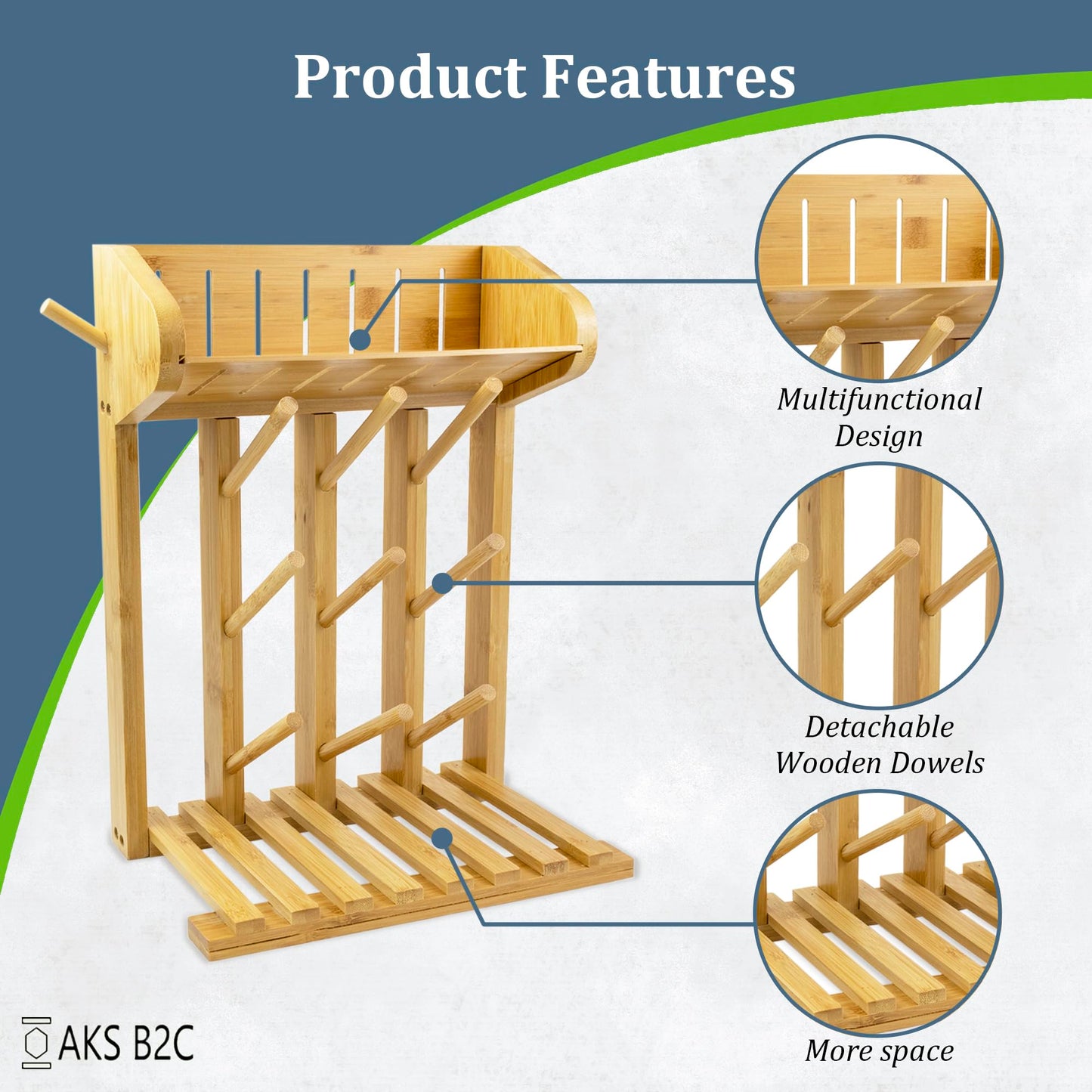 AKS B2C Bamboo Baby Bottle Drying Rack, Vertical Space Saving Kitchen Organizer, 9 Bottle Capacity