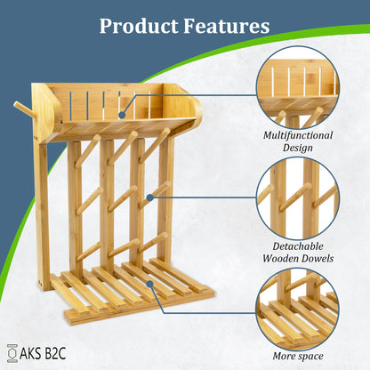 AKS B2C Bamboo Baby Bottle Drying Rack, Vertical Space Saving Kitchen Organizer, 9 Bottle Capacity
