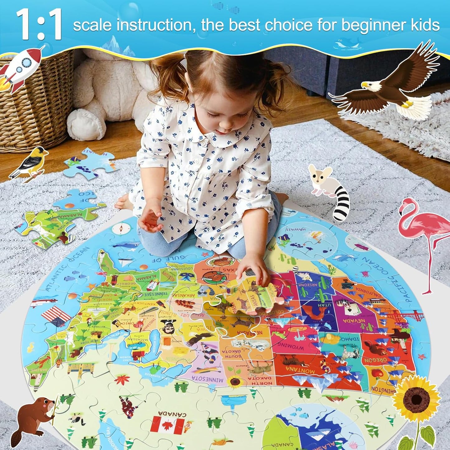 United States Puzzle 70 Pieces USA Map Floor Jigsaw Puzzles for Kids Ages 4-10, Jumbo Round US