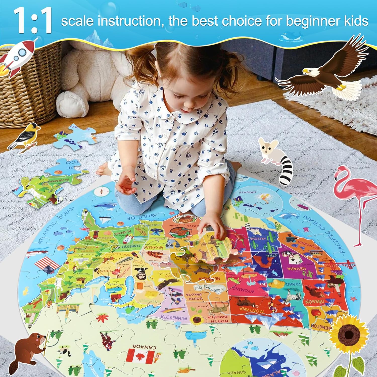 United States Puzzle 70 Pieces USA Map Floor Jigsaw Puzzles for Kids Ages 4-10, Jumbo Round US