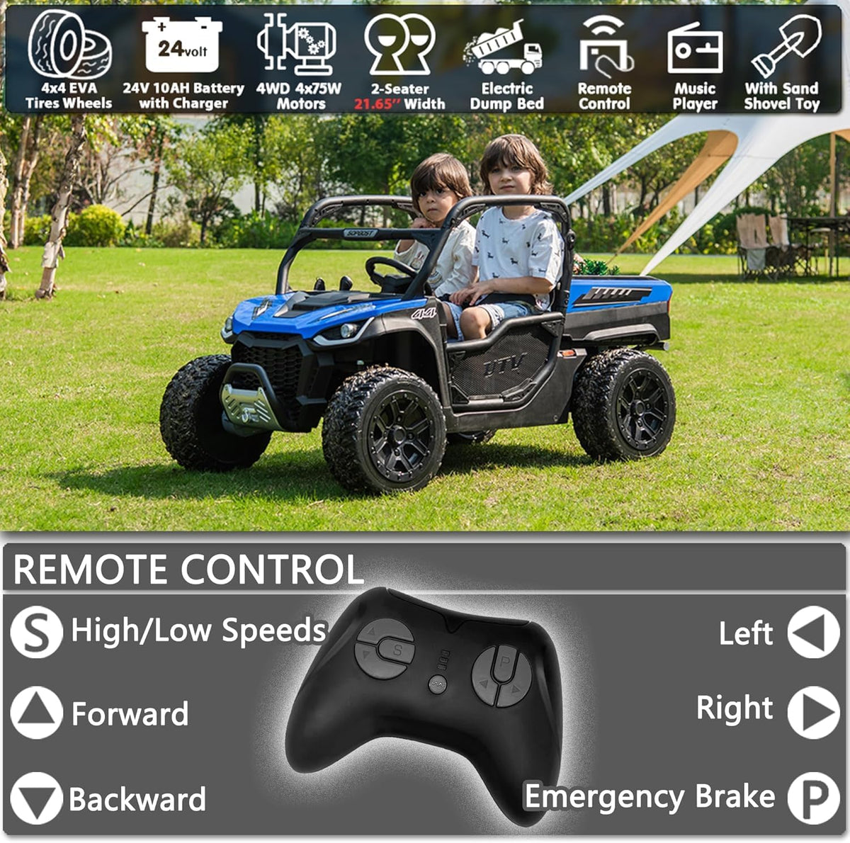 sopbost 24V 10Ah 2 Seater Ride On Car with Remote Control Battery Powered Ride On Toy Electric 4x4