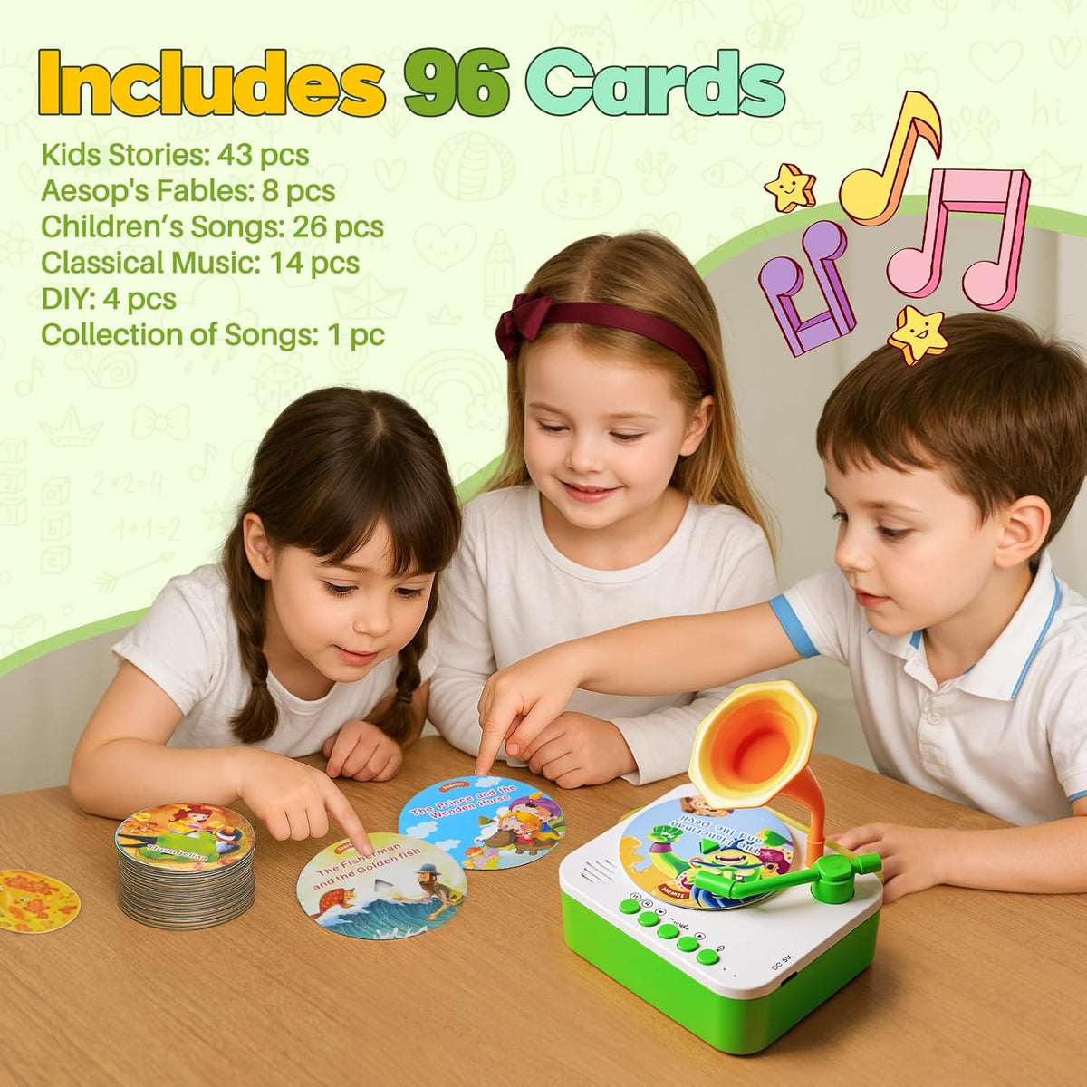 Kids Phonograph Toddler Record Player， with 96 Learning Cards, Early Education Machine Record