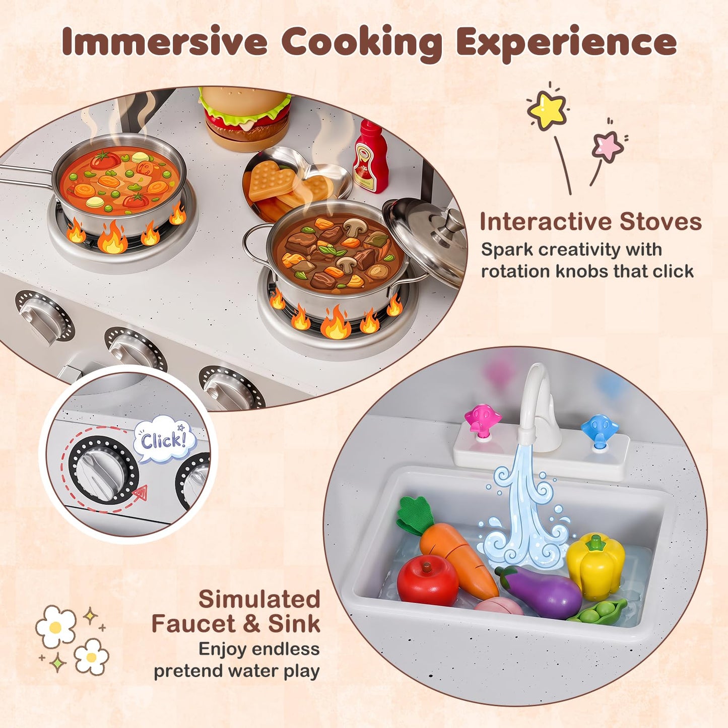 Costzon Kids Play Kitchen, Wooden Kids Kitchen Playset w/Realistic Sound, Microwave, Oven