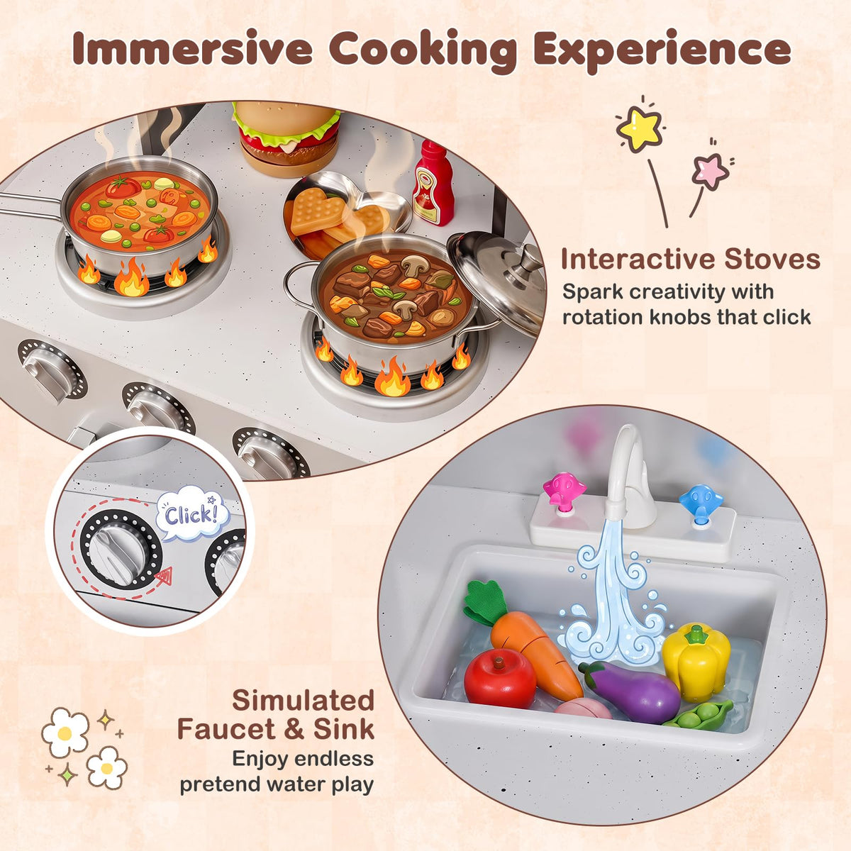 Costzon Kids Play Kitchen, Wooden Kids Kitchen Playset w/Realistic Sound, Microwave, Oven