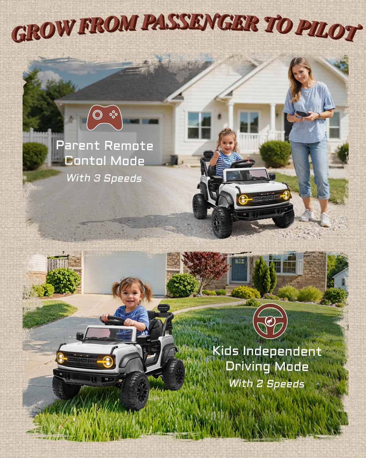 Ford Bronco Raptor 12V Toddler Ride on Toys, Safe Kids Ride on Truck with Remote Control, Children