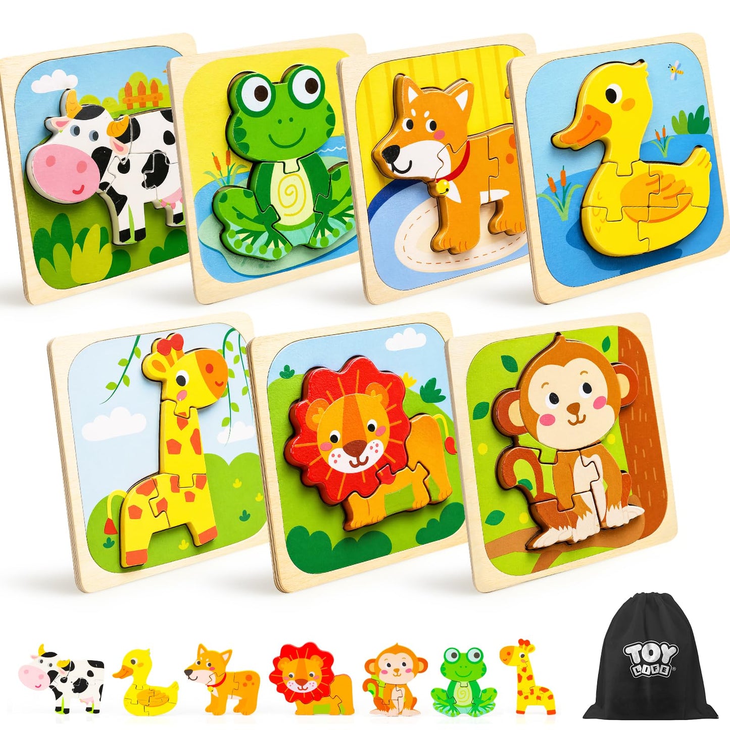 TOY Life Toddler Puzzles Ages 2-4, Wooden Puzzles for Toddlers 1-3, 7 Pcs Animals Puzzle 2 Year
