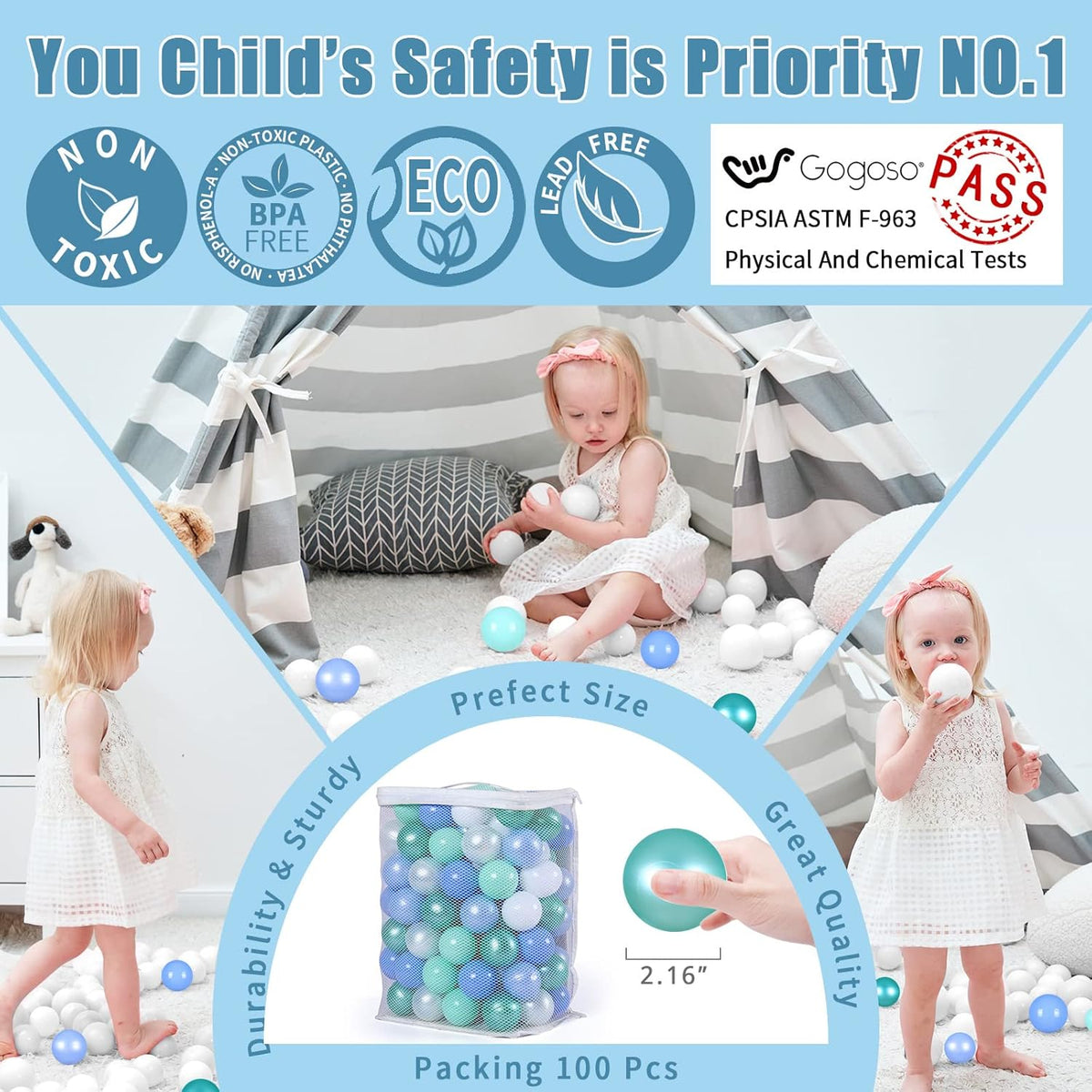 GOGOSO Ball Pits Balls for Toddlers Pack of 50 100 200 Plastics Shape Ball Non-Phthalate Non-BPA