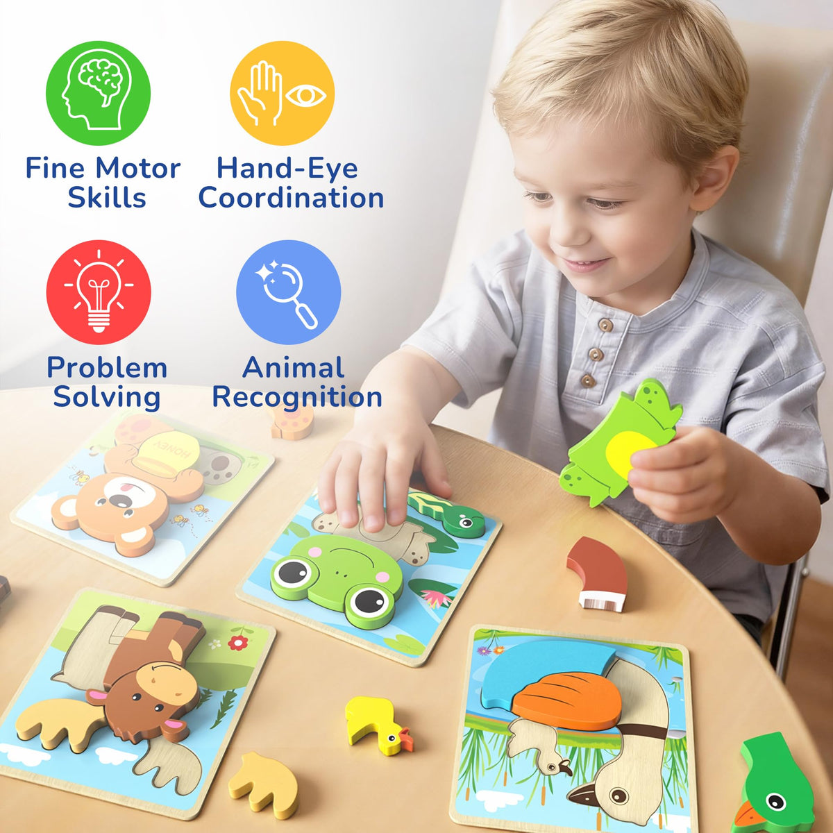 BenBen Wooden Puzzles for Toddlers 1-3, 6 Pack Animal Puzzles for Toddlers 2-4, Montessori Toys for