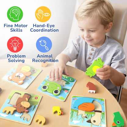 BenBen Wooden Puzzles for Toddlers 1-3, 6 Pack Animal Puzzles for Toddlers 2-4, Montessori Toys for