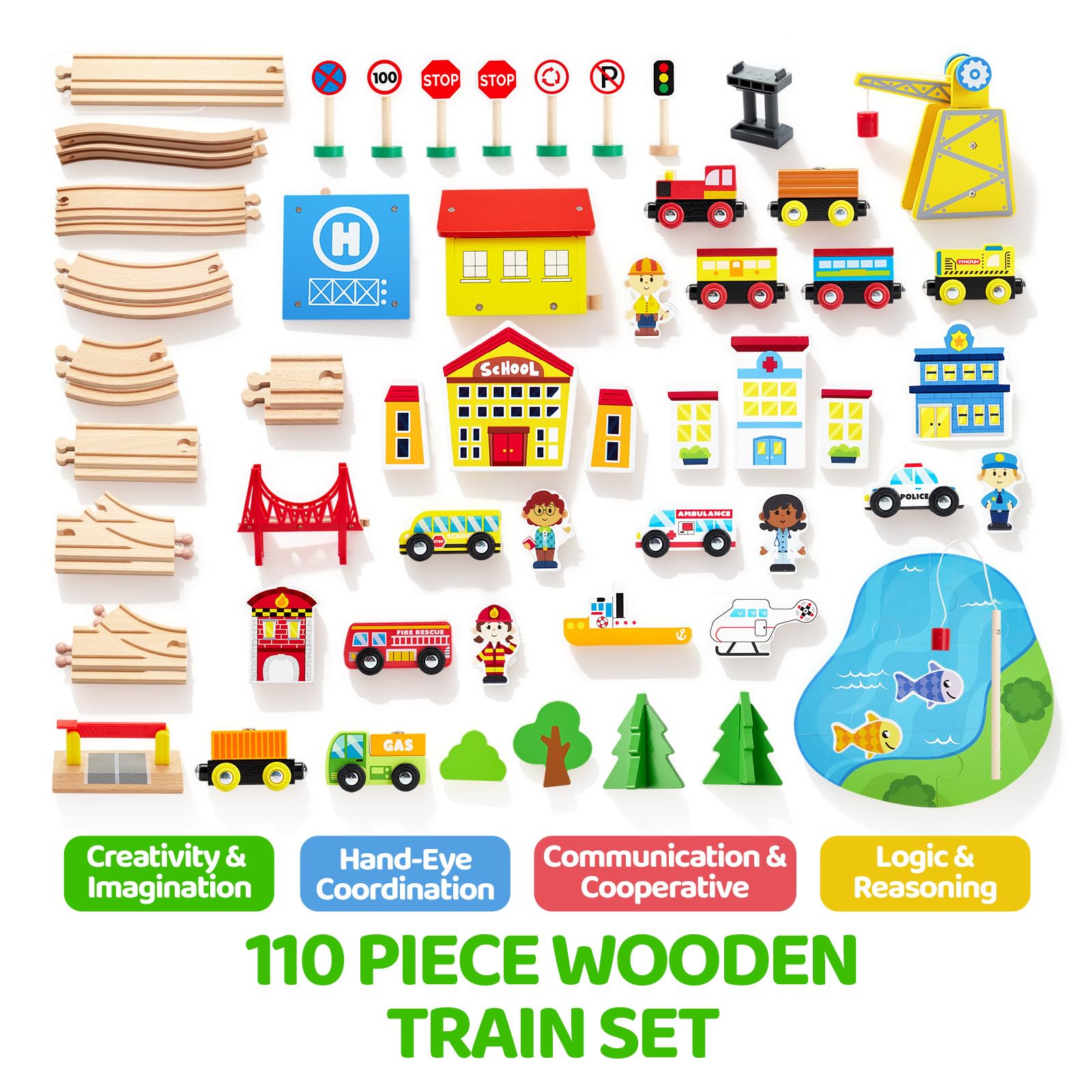 110PCS Wooden Train Set - Toy Magnetic Trains with Wooden Track Set for Kids Ages 3-8, City Scene