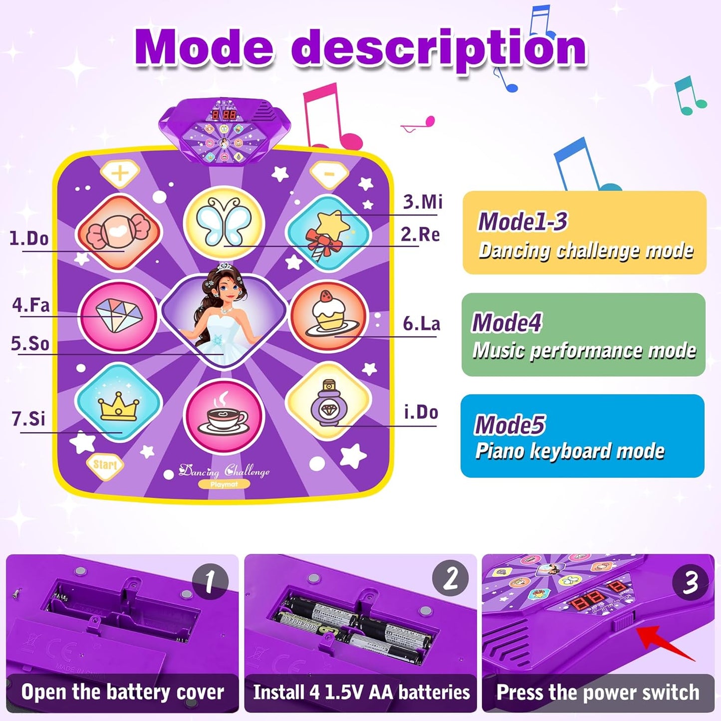 Dance Mat Toys for Kids, Purple Princess Electronic Dance Pad Game with 5 Gaming Modes, Dance Toys