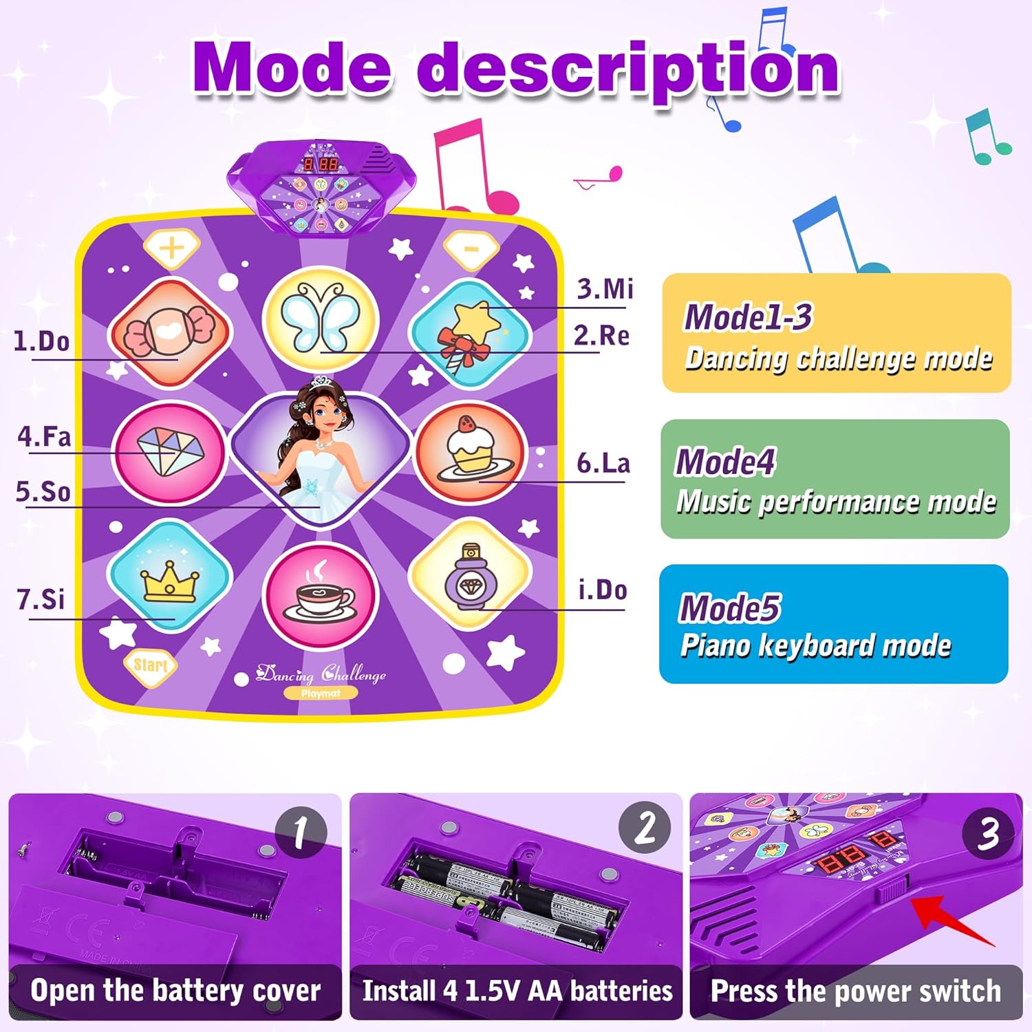 Dance Mat Toys for Kids, Purple Princess Electronic Dance Pad Game with 5 Gaming Modes, Dance Toys