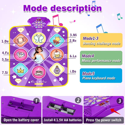 Dance Mat Toys for Kids, Purple Princess Electronic Dance Pad Game with 5 Gaming Modes, Dance Toys
