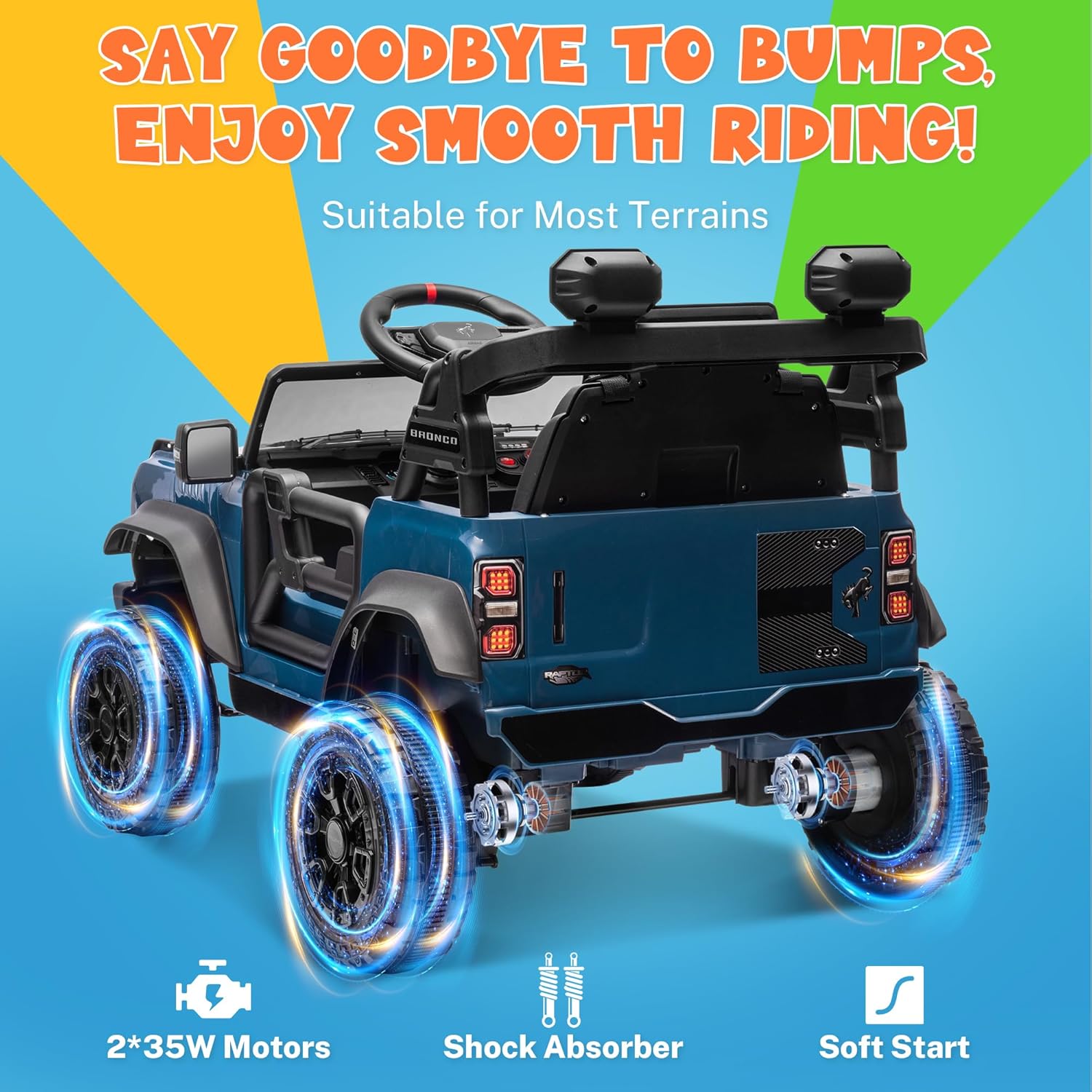 ENYOPRO Licensed Ford Bronco Raptor Electric Ride On Jeep for Kids, 12V Remote Control Ride On Car