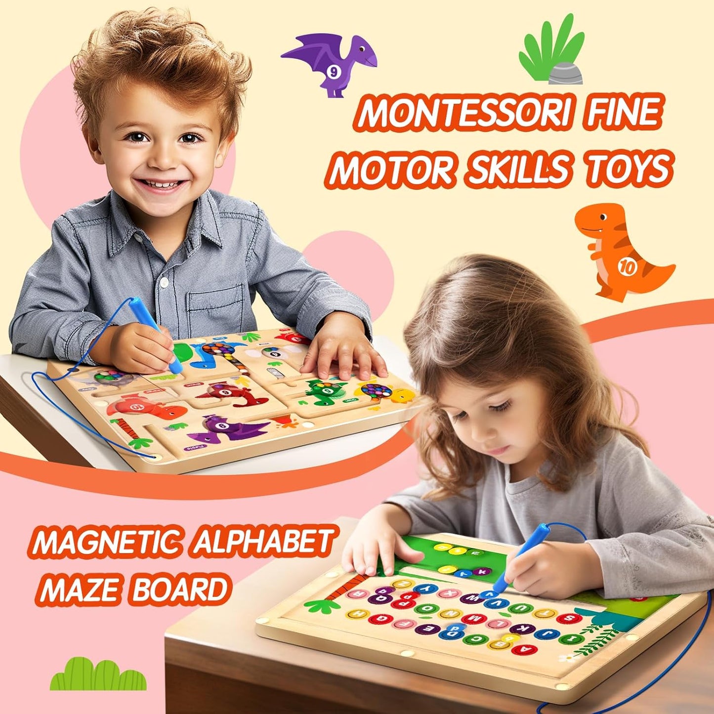 2 in 1 Magnetic Color and Number Maze Double-Sided ABC Alphabet Puzzles Board Magnet Dinosaur