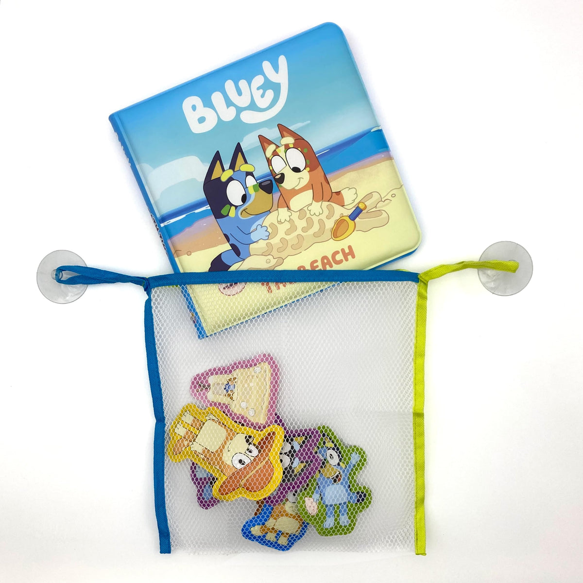 Bluey The Beach Bath Time Books - Activity Books for kids, Bath book, 6 Padded suction cups, 1 Mesh