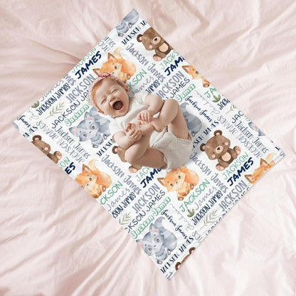 Personalized Woodland Animals Blanket - Custom with Name, Swaddle for Toddlers & Newborns