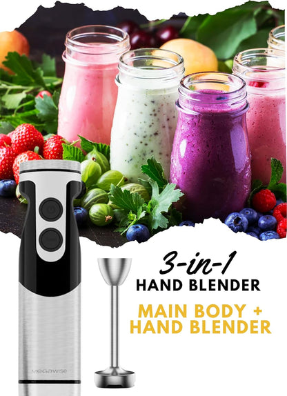 MegaWise Stainless Steel Titanium Reinforced 3-in-1 Immersion Hand Blender, Powerful with 80%
