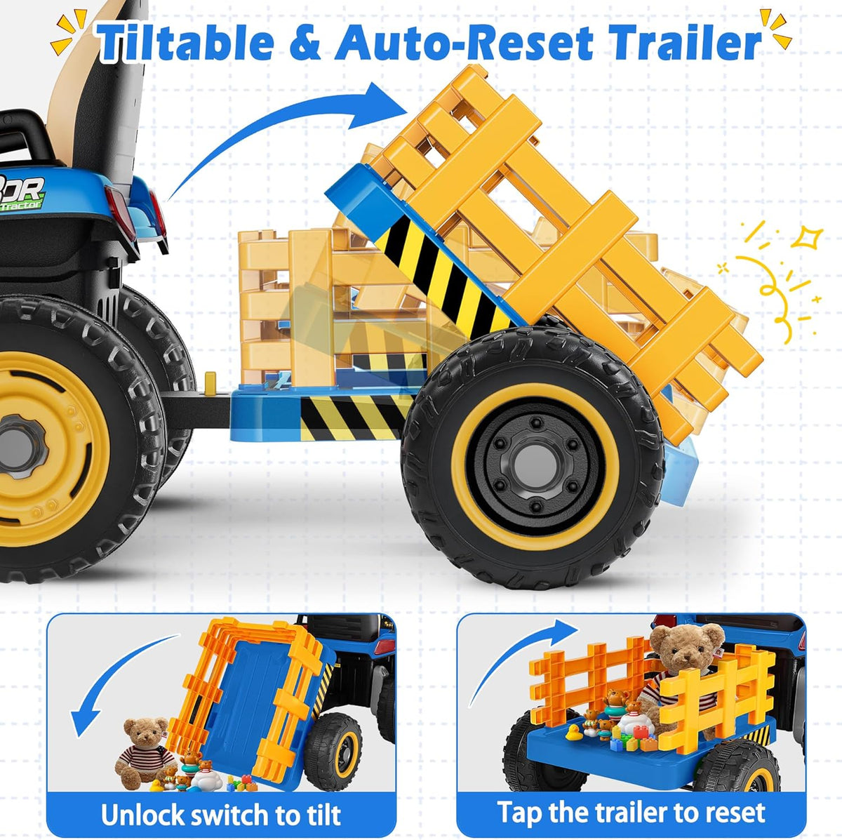 24V Ride On Tractor w/Tiltable & Detachable Trailer, 2x65W Motors, EVA Tires, Remote Control
