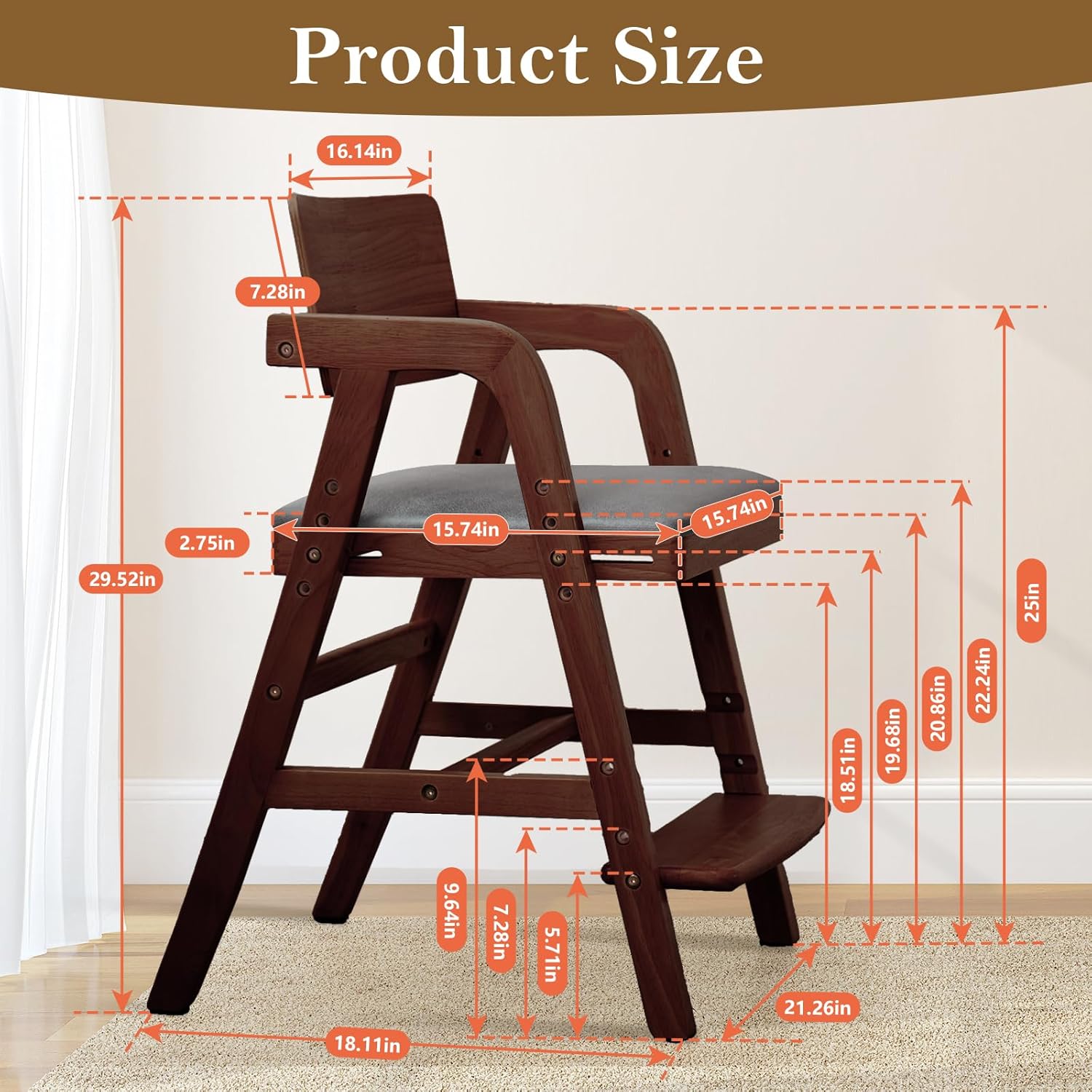 Solid Wood High Chair for Toddlers to Teens, Adjustable Height Toddler Dining Chair, Easy to Clean