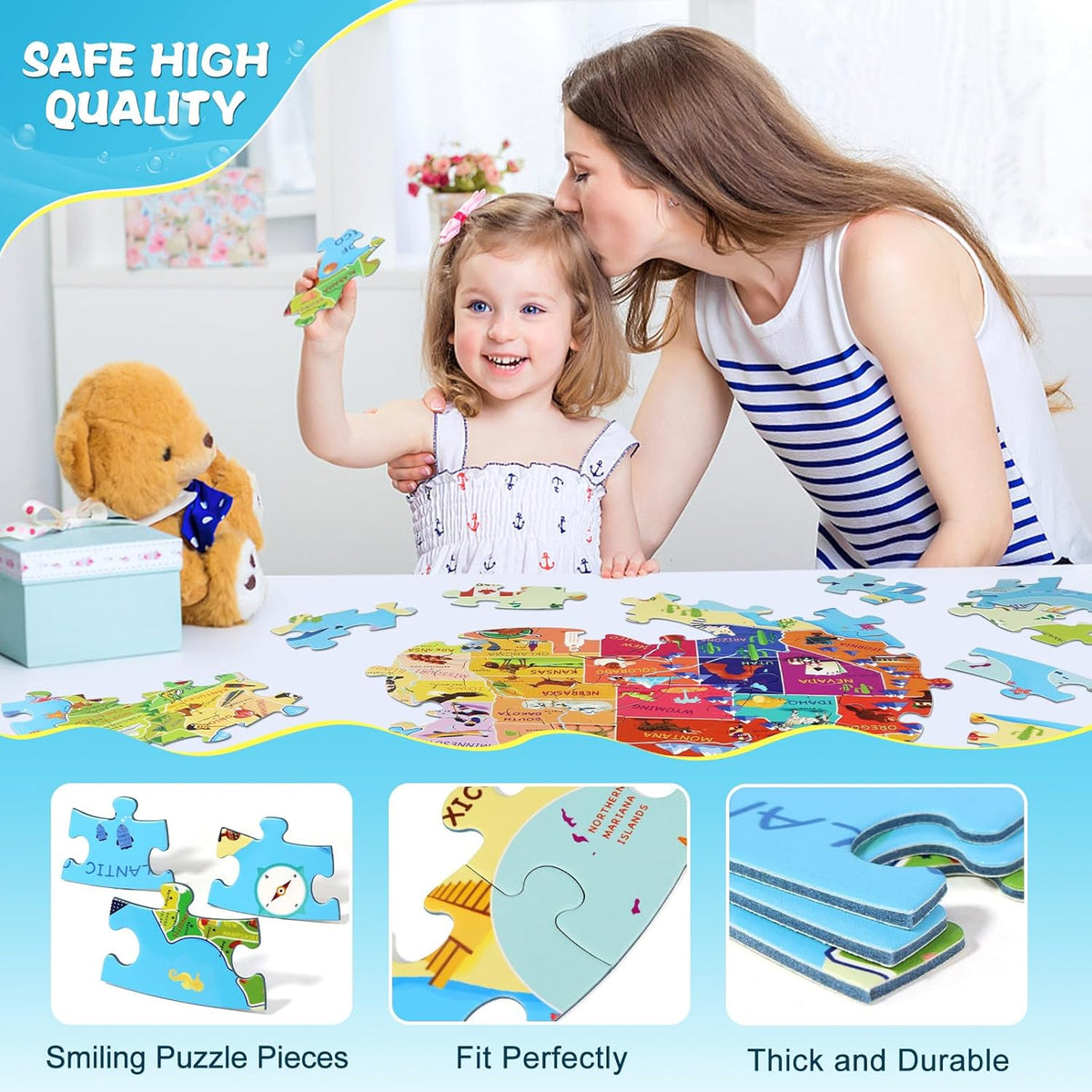 United States Puzzle 70 Pieces USA Map Floor Jigsaw Puzzles for Kids Ages 4-10, Jumbo Round US