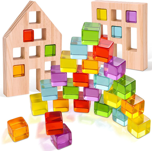 Wooden Building Blocks Set for Kids, 24 PCS Rainbow Gem Cubes Stacking Blocks - 2 Wood House
