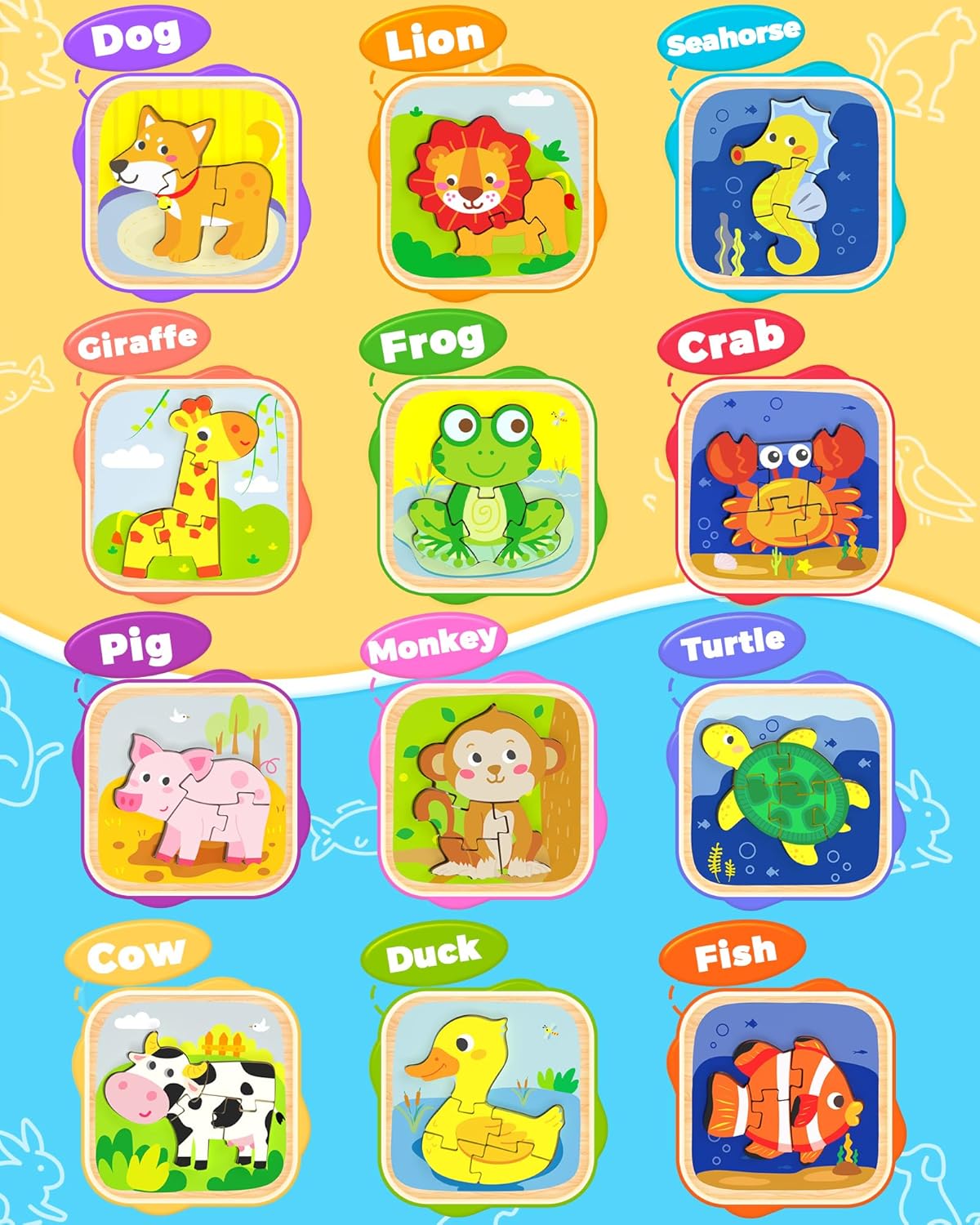 Benresive Wooden Toddler Puzzles, 12pcs Animal Montessori Toys for 1-3 Year Old Boys & Girls