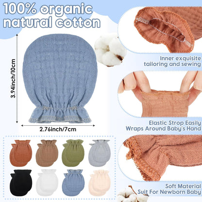 8 Pairs Newborn Baby Muslin Mittens 0-6 Months No Scratch Elastic Wrist Soft Breathable Gloves Bulk