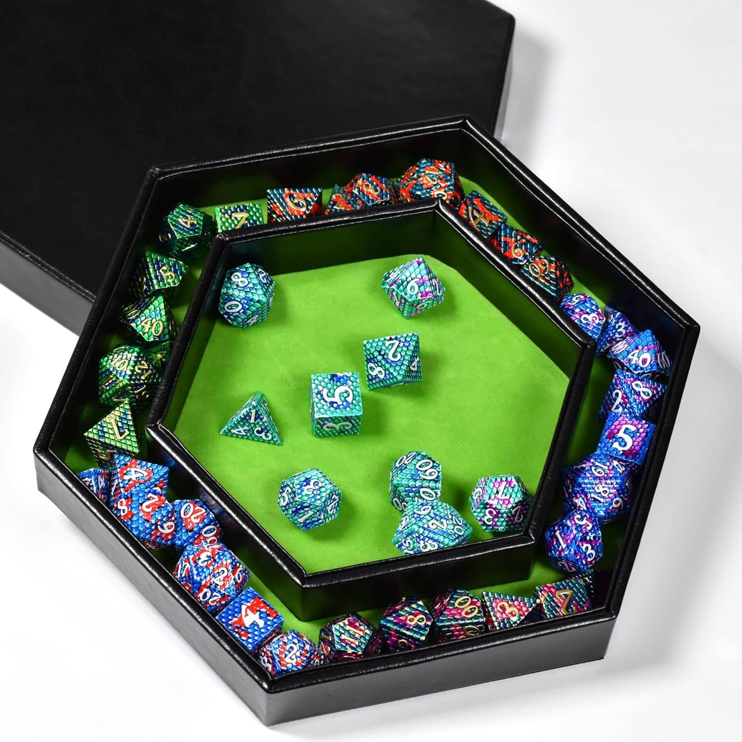 DND Dice Tray - 2 in 1 Hexagonal Rolling and Storage Tray, Faux Leather Material, Green Color