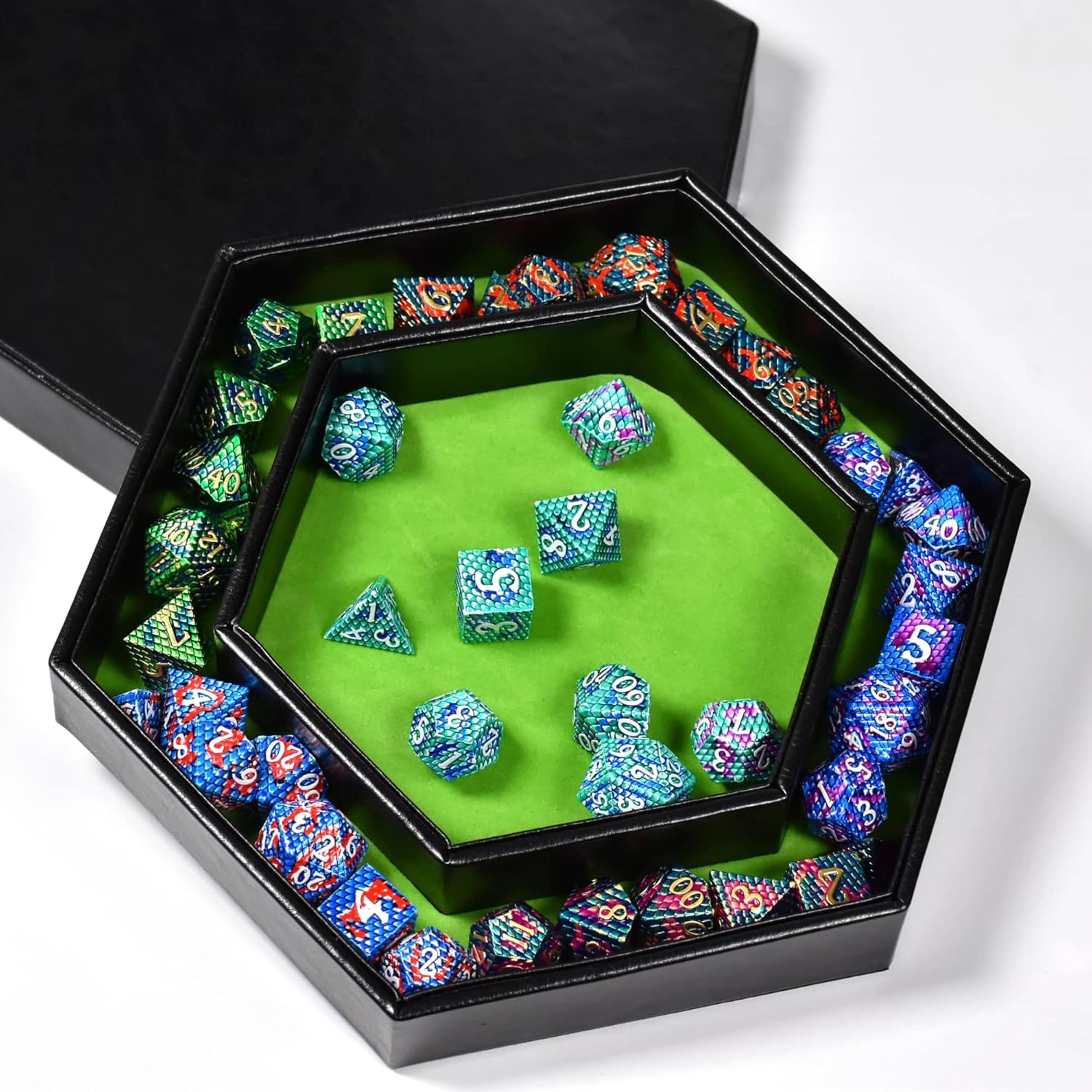 DND Dice Tray - 2 in 1 Hexagonal Rolling and Storage Tray, Faux Leather Material, Green Color
