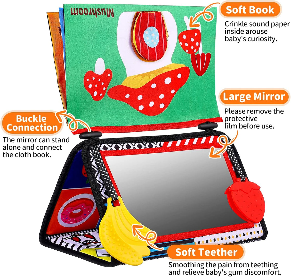Baby Mirror Tummy Time Toys 0-3 3-6 Months Sensory Crinkle Baby Books Black and White High Contrast