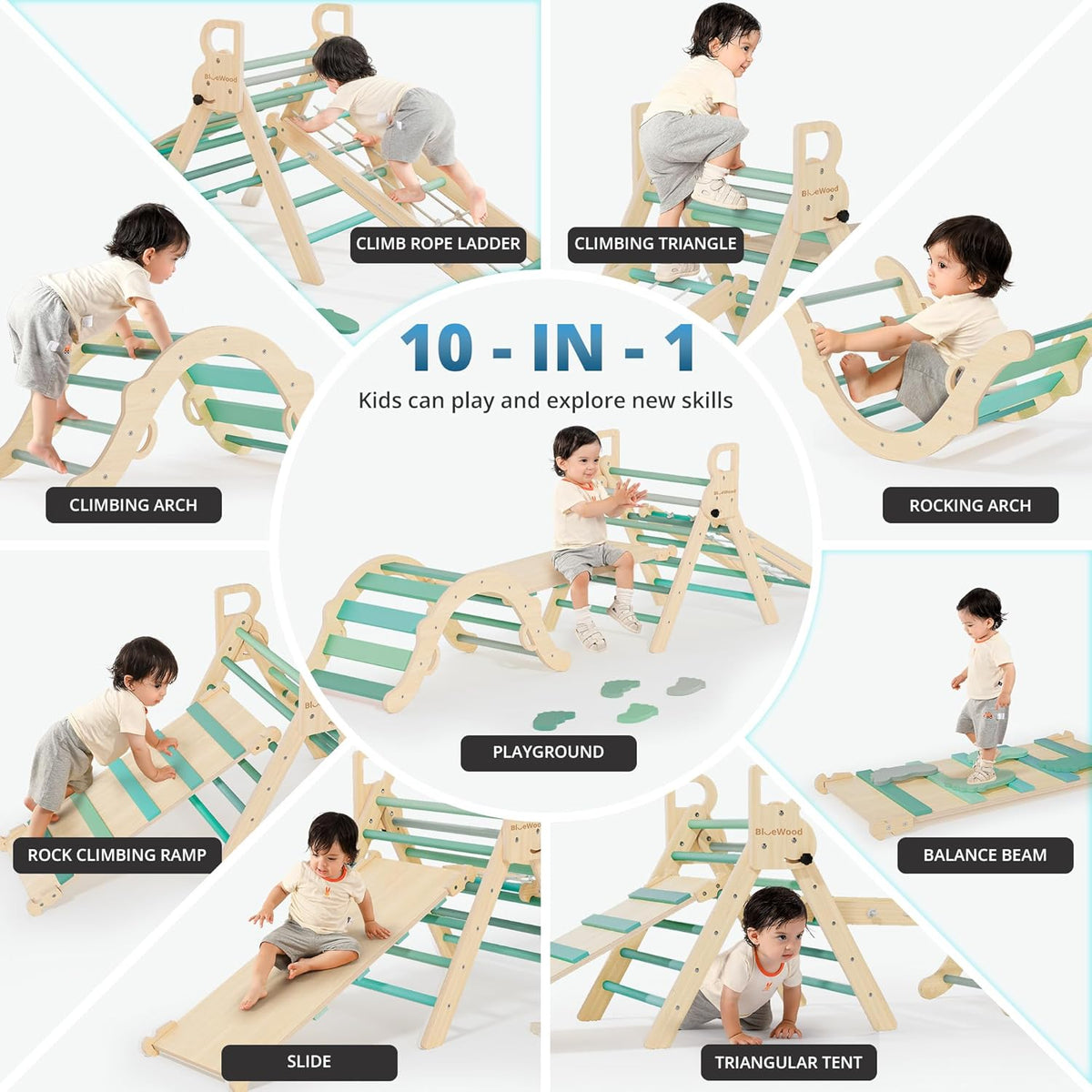 BlueWood 10-in-1 Pikler Triangle Set, Toddler Climbing Toys Indoor, Montessori Climber, Baby Jungle