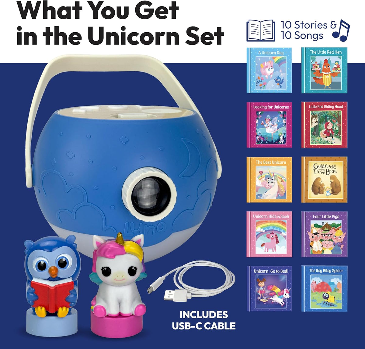 Kids Book Projector - 5 Unicorn & 5 Classic Read-Aloud Stories, 10 Songs, Night Light & Soothing