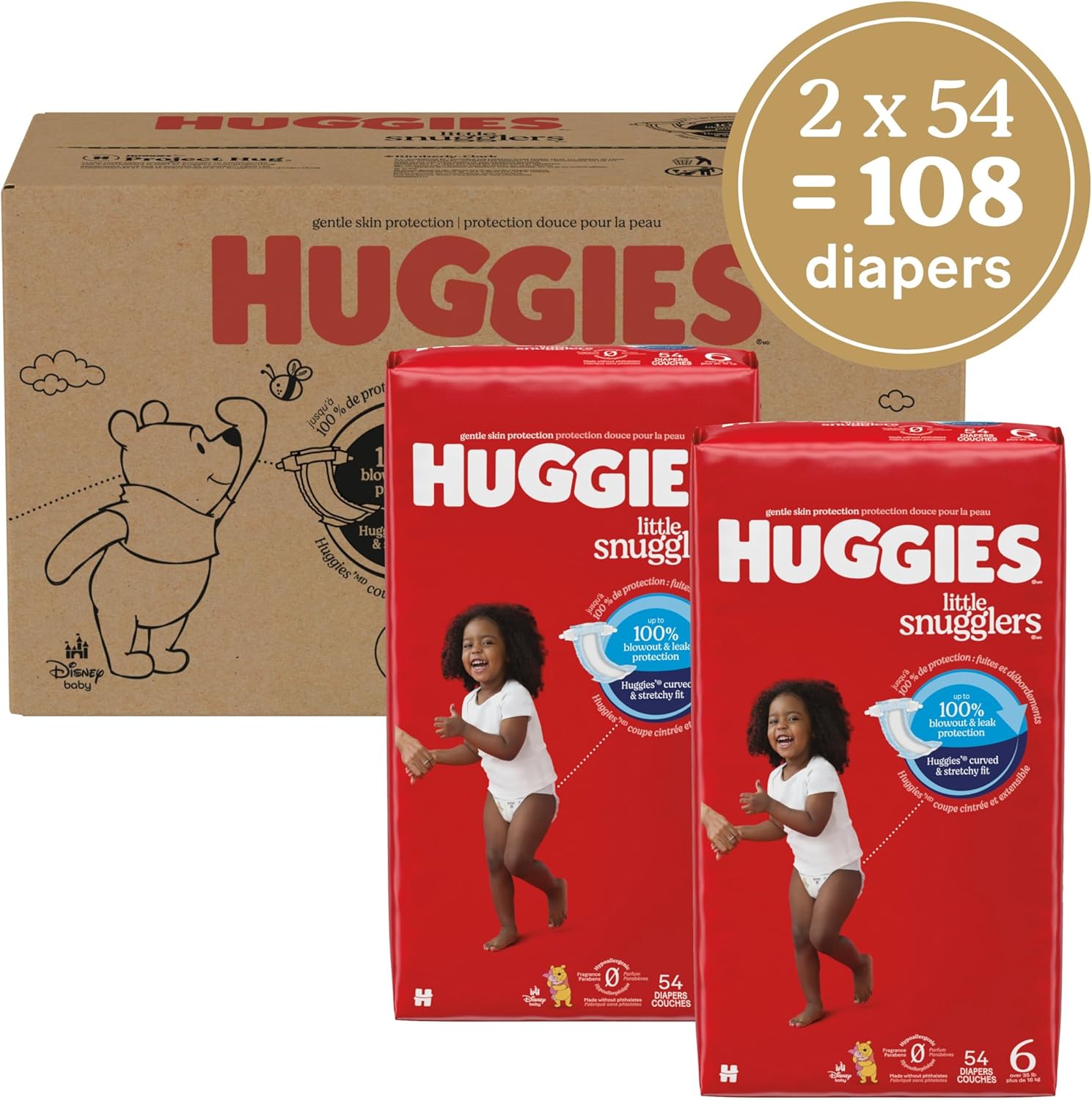 Huggies Size 6 Diapers, Little Snugglers Baby Diapers, Size 6 (35+ lbs), 108 Count (2 Packs of 54)