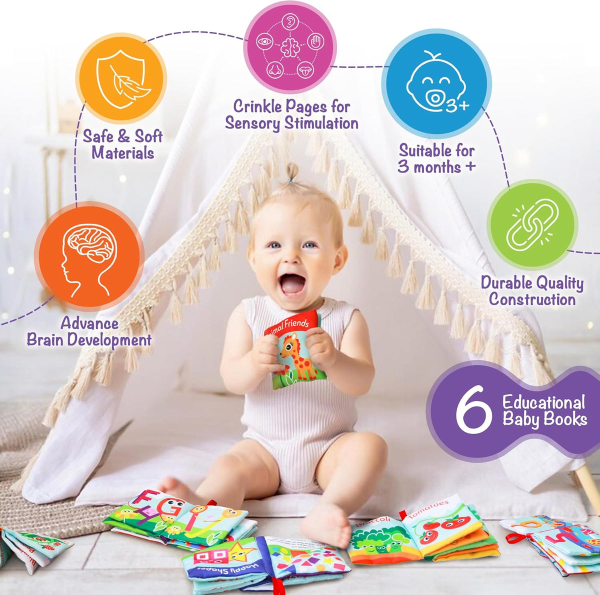 Cloth Books for Babies (Set of 6) - Premium Quality Soft Books for Babies. Touch and Feel Crinkle