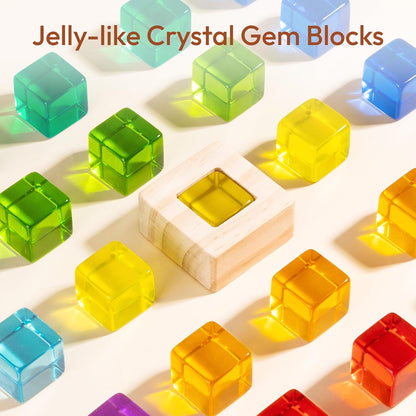 Wooden Rainbow Building Blocks Set for Kids, 22 PCS Wooden Blocks & 25 PCS Gem Cubes Stacking