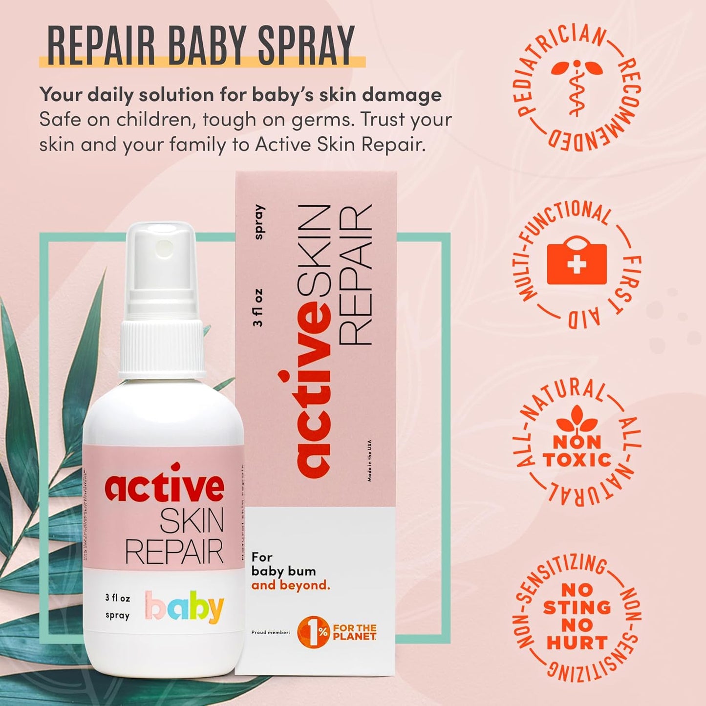Active Skin Repair Natural, Non-Toxic, No Sting Baby Spray First Aid Safe For Use on Diaper Rash