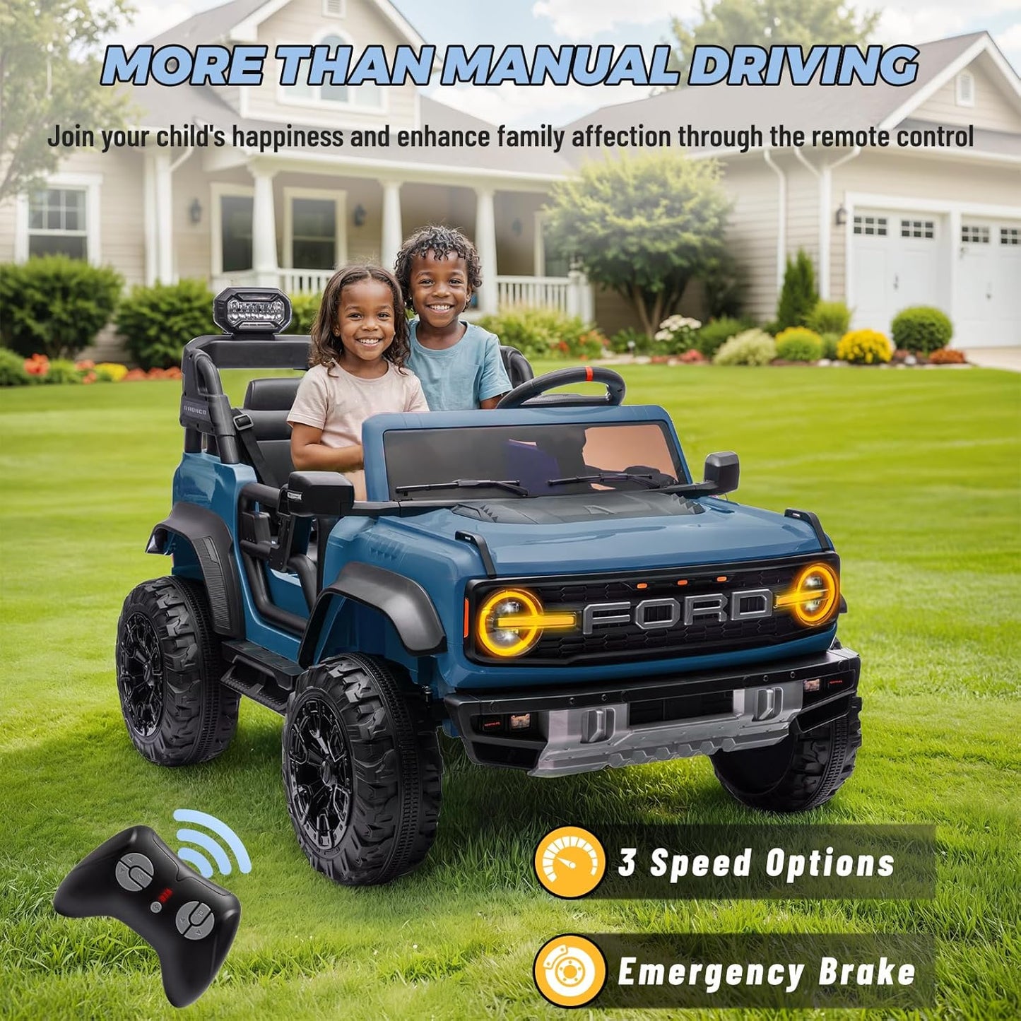 ENYOPRO 2 Seater Ride On Car for Kids, 24v Licensed Ford Bronco Raptor Electric Power Ride On Truck