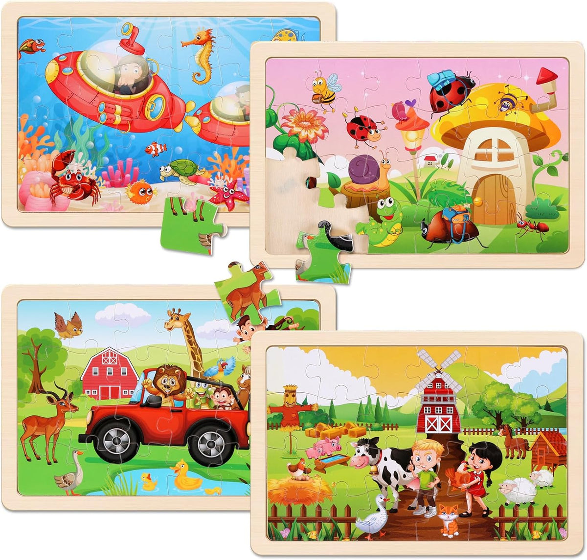 Wooden Puzzles Toys for Kids Ages 3-5, Set of 4 Packs with 20-Piece Farm, Animals Theme Wood Jigsaw